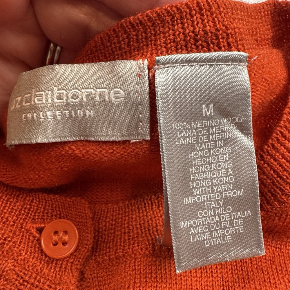 Liz Claiborne 100% Merino Wool Orange Cardigan Med Preppy Capsule Travel Classic - Picture 3 of 5